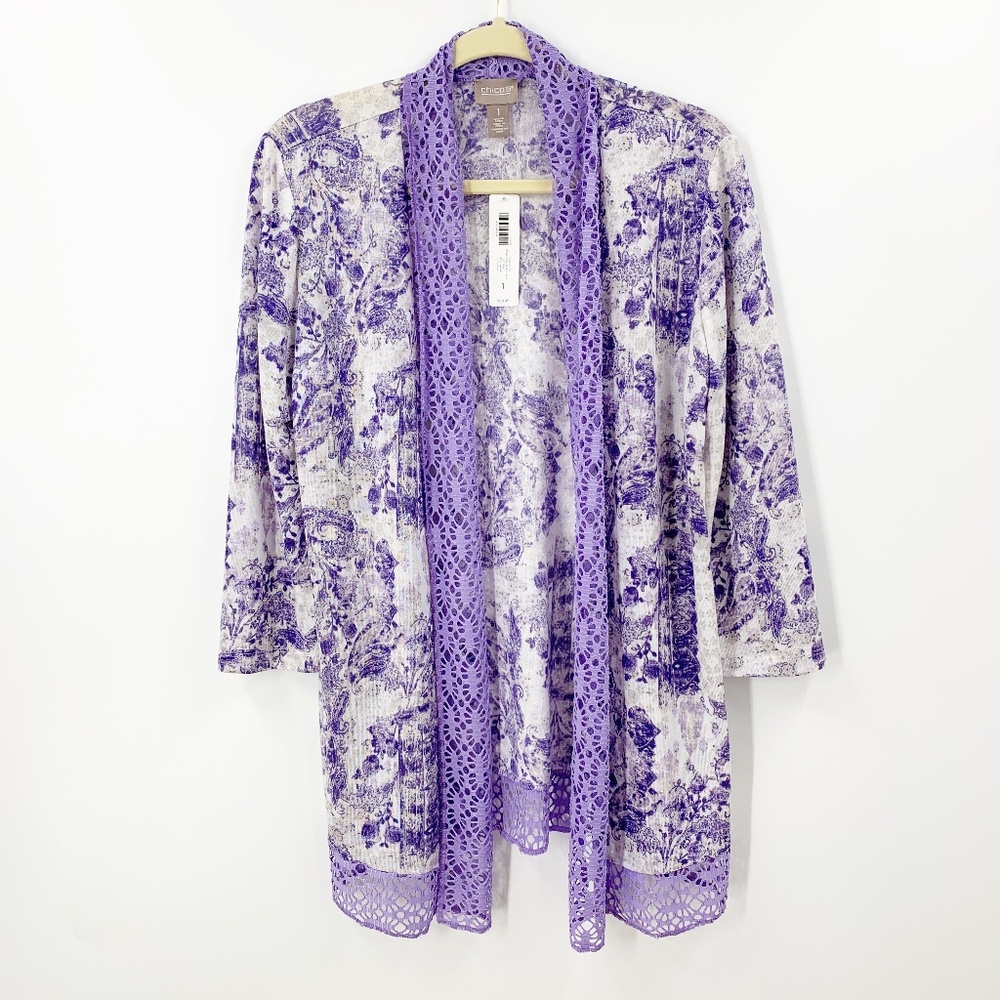 Chico's Paisley Mixed Media 3/4 Sleeve Open Front Jacket Topper Sz M